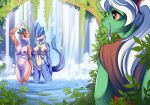  2022 anthro areola breasts conrie curvy_figure dinosaur feathers female genitals gesture grin hi_res jungle lake looking_at_viewer male nipples nude plant public public_nudity pussy reptile scalie smile standing surprise tree waterfall waving 