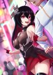  1boy 1girl absurdres black_dress black_hair blurry blurry_background breasts bright_background captain_(honkai_impact) city city_lights colored_inner_hair dress gloves hair_between_eyes hair_ornament highres honkai_(series) honkai_impact_3rd large_breasts locked_arms long_hair looking_at_another loose_hair_strand military_uniform multicolored_hair neon_lights open_mouth partially_shaded_face people pointing red_eyes red_gloves red_hair red_skirt redrawn road seele_(alter_ego) seele_vollerei seele_vollerei_(starchasm_nyx) skirt slash-ex smile street teeth thigh_strap 