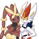  1:1 absurd_res anthro big_breasts black_sclera breast_squish breasts breasts_frottage chedx cinderace duo female frown hi_res looking_at_viewer mega_evolution mega_lopunny muscular muscular_female nintendo pok&eacute;mon pok&eacute;mon_(species) simple_background squish video_games white_background 
