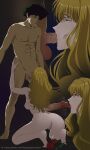  absurdres blonde_hair closed_eyes couple cowboy_bebop cum cum_in_mouth curly_hair green_hair happyboynumber1 highres julia_(cowboy_bebop) non-web_source oral penis pussy spike_spiegel 