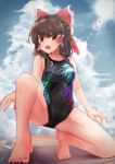 1girl :o armpit_crease bangs bare_legs bare_shoulders blunt_bangs bow breasts brown_eyes brown_hair cloud cloudy_sky collarbone day feet frilled_bow frills hair_bow hair_tubes hakurei_reimu highres kneeling legs looking_at_viewer medium_breasts medium_hair nail_polish open_hands open_mouth outdoors pink_nails red_bow sidelocks sky solo sun sunlight swimsuit taguno teeth toenail_polish toenails touhou 