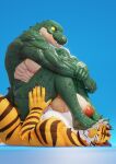  2022 3d_(artwork) anthro anthro_on_anthro balls big_balls big_muscles big_penis blue_background claws connivingrat crocodile crocodilian crocodylid digital_media_(artwork) duo feet feet_in_face felid foot_fetish foreskin fur genitals helm_(connivingrat) hi_res humanoid_feet humanoid_genitalia humanoid_penis lying male male/male male_on_bottom male_on_top mammal muscular muscular_anthro muscular_male nipples non-mammal_balls non-mammal_nipples nude obliques on_back on_bottom on_top one_eye_closed pantherine pecs penis plantigrade reptile scales scalie simple_background sitting soles stead_(connivingrat) teeth thick_thighs tiger tuft 