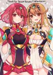  2girls absurdres bangs bare_shoulders black_gloves blonde_hair breasts chest_jewel cleavage cleavage_cutout clothing_cutout dress earrings elbow_gloves fingerless_gloves gloves haruto_yuki highres jewelry large_breasts long_hair multiple_girls mythra_(xenoblade) pyra_(xenoblade) red_eyes red_hair red_shorts short_dress short_hair short_shorts shorts swept_bangs thighhighs tiara very_long_hair white_dress white_gloves xenoblade_chronicles_(series) xenoblade_chronicles_2 yellow_eyes 