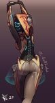  1girl absurdres arcafterdark arms_up ass breasts colored_skin from_behind grey_skin highres hood ivara_(warframe) looking_at_viewer looking_back multicolored_skin sideboob signature simple_background small_breasts solo stretching thigh_armor two-tone_skin warframe 