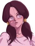  1girl black_hair blue_eyes close-up commentary dragon_ball dragon_ball_z highres kiecaburn lips looking_to_the_side portrait shirt simple_background smile solo twintails videl white_background 