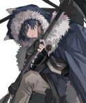  1boy animal_hood black_hair fingerless_gloves fur_trim gloves highres holding holding_weapon hood krank long_sleeves mahoutsukai_no_yakusoku male_focus pants red_eyes scythe shino_sherwood short_hair solo weapon white_background wolf_hood 