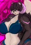  &lt;3 abstract_background anthro big_breasts bra breasts brown_body brown_fur brown_hair clothed clothing demon dirtyscoundrel female fur hair hi_res horn lingerie long_hair looking_at_viewer mammal markings open_mouth partially_clothed procyonid raccoon solo underwear 