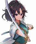  1girl bangs black_hair dress fir_(fire_emblem) fire_emblem fire_emblem:_the_binding_blade hair_ribbon highres hirotaka_(hrtk990203) holding holding_sheath holding_sword holding_weapon jacket long_hair open_clothes open_jacket ponytail purple_eyes ribbon sheath simple_background solo sword upper_body weapon white_background 