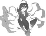  1girl absurdres ahoge asymmetrical_wings bangs bow closed_mouth dress greyscale hair_between_eyes highres houjuu_nue looking_at_viewer medium_hair mia_(39565899) monochrome short_sleeves simple_background sitting snake solo thighhighs touhou wings wrist_cuffs 