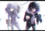  2boys accelerator_(toaru_majutsu_no_index) black_hair blood blue_eyes choker clenched_hands coat crutch grimace highres jacket kamijou_touma multiple_boys red_eyes toaru_majutsu_no_index toaru_majutsu_no_index:_new_testament trebas white_background white_hair white_jacket winter_clothes winter_coat winter_uniform 