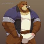  1:1 2022 absurd_res anthro asian_clothing black_nose blush brown_body bulge clothed clothing east_asian_clothing erection erection_under_clothing fundoshi genital_outline hi_res japanese_clothing jumperbear juuichi_mikazuki kemono male mammal morenatsu musclegut overweight overweight_male penis_outline shirt solo topwear underwear ursid video_games visual_novel white_clothing white_fundoshi white_underwear 
