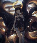  1girl artist_name black_dress black_gloves commentary detached_sleeves dress gloves halo highres hololive hololive_english looking_at_viewer low_wings ninomae_ina&#039;nis purple_hair single_detached_sleeve single_thighhigh suoniko symbol-only_commentary tentacle_hair tentacles thighhighs torii virtual_youtuber white_sleeves white_thighhighs wings yellow_eyes 