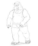  2022 absurd_res american_black_bear anthro black_bear bulge clothing delivery_bear_service eyewear footwear glasses hat headgear headwear hi_res humanoid_hands kamui_shirow kemono kermo_(kamui_shirow) kermode_bear male mammal monochrome one_eye_closed overweight overweight_male sandals shirt solo topwear underwear ursid ursine wink 