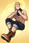  1boy abs absurdres background_text bara blonde_hair blue_eyes boku_no_hero_academia boots character_name full_body highres kuroshinki looking_at_viewer male_focus mature_male multiple_scars nipples obliques pants pants_rolled_up quiff scar short_hair sitting solo togata_mirio topless_male twitter_username veins watermark 