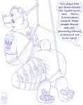  2022 4_toes absurd_res anthro bdsm blue_and_white bondage bottlebear bound boy_scout claws clothed clothing cub_scout dialogue diaper digital_drawing_(artwork) digital_media_(artwork) english_text feet fur hi_res hindpaw male mammal manor_(bottlebear) monochrome offscreen_character pawpads paws restraints rope rope_bondage simple_background solo speech_bubble text toe_claws toes ursid 