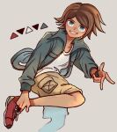  1boy adjusting_clothes adjusting_shoe asahina_yuuta blue_eyes brown_hair cargo_shorts collarbone danganronpa_(series) danganronpa_another_episode:_ultra_despair_girls dark-skinned_male dark_skin grey_background jacket kiri_(2htkz) pointing shirt shoes shorts smile sneakers t-shirt white_shirt 