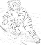  2022 anthro belly bulge chimera_ant clothing felid hi_res humanoid_hands hunter_x_hunter kamui_shirow kemono leol_(hunter_x_hunter) male mammal overweight overweight_male solo surfboard surfing swimwear water 