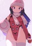  1girl :3 ass_visible_through_thighs bag beanie black_hair breasts colored_inner_hair covered_nipples dawn_(pokemon) hat highleg highleg_leotard highres holding holding_poke_ball leotard long_hair looking_at_viewer medium_breasts multicolored_hair poke_ball pokemon pokemon_(game) pokemon_dppt purple_eyes purple_hair red_leotard scarf shoulder_bag solo spring2013 thigh_gap thighhighs white_headwear white_scarf white_thighhighs 