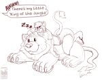  2022 5_fingers absurd_res ambiguous_gender anthro big_plushie biped bottlebear claws clothing collar dialogue diaper digital_drawing_(artwork) digital_media_(artwork) feet felid fingers fur hair hi_res infantilism lion mammal offscreen_character pantherine plushie simple_background sleeping solo speech_bubble toe_claws toes white_background 
