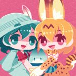  2girls animal_ears animated animated_gif backpack bag blue_eyes blue_hair blush bow bowtie elbow_gloves gloves hug kaban_(kemono_friends) kemono_friends lucky_beast_(kemono_friends) multiple_girls open_mouth orange_bow orange_bowtie orange_gloves orange_hair red_shirt serval_(kemono_friends) serval_print shirt smile tail takahashi_yuri triangle_mouth 