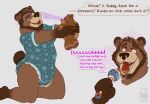  2022 absurd_res anthro bigbearbruno_(character) bodily_fluids bottlebear brainwashing brown_body brown_fur brown_hair clothed clothing diaper digital_drawing_(artwork) digital_media_(artwork) drooling english_text fur hair hi_res hypnosis infantilism intelligence_loss kneeling male mammal mind_control onesie open_mouth plushie rattle saliva simple_background solo teddy_bear teeth text tongue tongue_out ursid 