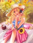  1girl blonde_hair blue_camisole blue_eyes breasts cake camera camisole closed_mouth coconut day feet_out_of_frame flower food haley_(stardew_valley) hat highres holding holding_camera jewelry lips long_hair medium_breasts necklace outdoors pina_colada pink_skirt procreate_(medium) red_lips sitting skirt smile solo stardew_valley sun_hat sunflower tayvickie 