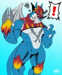  abs anthro bandai_namco blue_body clothing cosplay crop_top digimon digimon_(species) exclamation_point exveemon flamedramon grakerrbraconc hi_res horn male muscular muscular_anthro muscular_male pecs scalie shirt solo topwear wings 