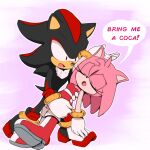  5_fingers accessory amy_rose anthro black_body black_fur black_nose bracelet chocomilkamy clothing dialogue duo eyelashes female fingers fur gloves green_eyes hair_accessory hairband handwear jewelry male pink_body pink_fur raised_hand red_body red_eyes red_fur sega shadow_the_hedgehog sonic_the_hedgehog_(series) 
