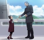  0109_(artist) 1boy 1girl age_difference bail_organa beard black_footwear blue_sky boots closed_eyes cloud cloudy_sky facial_hair female_child highres obi-wan_kenobi_(disney+) outdoors princess_leia_organa_solo size_difference sky star_wars water 