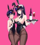  1boy 1girl 3d_glasses absurdres alcohol animal_ears black_hair black_leotard blush bottle breasts brown_pantyhose champagne_flute character_request copyright_request covered_navel cup detached_collar drinking_glass eyewear_on_head fake_animal_ears fake_tail glasses highleg highleg_leotard highres jamee_(action845) large_breasts leotard looking_at_viewer male_playboy_bunny otoko_no_ko oversized_breast_cup pantyhose playboy_bunny rabbit_ears rabbit_tail red_eyes strapless strapless_leotard tail thighband_pantyhose tray wine wine_bottle wine_glass wrist_cuffs 