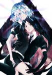  1399581 2others absurdres androgynous black_eyes black_hair black_shirt bort collared_shirt colored_eyelashes cracked_skin crystal_hair diamond_(houseki_no_kuni) elbow_gloves gem_uniform_(houseki_no_kuni) gloves hand_on_another&#039;s_thigh hand_on_another&#039;s_waist highres houseki_no_kuni long_hair looking_at_viewer multiple_others necktie open_mouth other_focus puffy_sleeves shirt short_hair short_shorts shorts sitting sitting_on_person startled surprised torso_grab very_long_hair wide-eyed 
