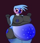  angry anthro avian belly big_belly big_breasts bird black_talons blue_body blue_feathers blueberry_inflation blush bodily_fluids bottomwear breasts bubble clothed clothing cookie-pone feathers female flustered hi_res inflation leaking navel outie_navel pink_eyes shirt shorts solo tank_top thick_thighs topwear torn_clothing unusual_bodily_fluids veiny_belly white_body white_feathers 