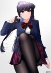  1girl absurdres aki_(1360505188) artist_name bangs black_hair blue_hair blue_jacket bow bowtie breasts brown_pantyhose colored_inner_hair highres jacket knee_up komi-san_wa_komyushou_desu komi_shouko large_breasts long_hair long_sleeves looking_at_viewer multicolored_hair pantyhose parted_lips purple_eyes red_bow red_bowtie red_skirt shirt simple_background skirt solo striped striped_bow striped_bowtie striped_skirt sunlight white_background white_shirt 