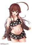  1girl ahoge bangs bare_shoulders bikini bikini_skirt blush breasts brown_eyes brown_hair collarbone cowboy_shot cropped_legs ebifurya fang floating_hair groin highres huge_ahoge kantai_collection kuma_(kancolle) long_hair long_sleeves looking_at_viewer navel one-hour_drawing_challenge open_clothes open_mouth open_shirt polka_dot polka_dot_bikini simple_background sleeves_past_wrists smile solo swimsuit thighs twitter_username white_background wide_hips 