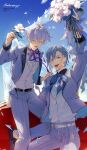  2boys absurdres ahoge belt bishounen blue_eyes blue_hair bow bowtie confetti dorandoran formal heart highres idolish_7 looking_at_viewer male_focus mezzo&quot; multiple_boys open_mouth osaka_sougo purple_eyes short_hair smile suit uniform veil white_hair yotsuba_tamaki 