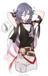  1girl adjusting_hair armpits arms_behind_head bangs black_choker black_hair black_shirt blue_eyes casual choker fu_hua fu_hua_(night_squire) grey_shorts honkai_(series) honkai_impact_3rd one_eye_closed shirt shorts solo verus white_background 