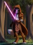  2022 4_toes 5_fingers anthro brown_body brown_fur canid canine day detailed_background digital_media_(artwork) digitigrade feet fingers forest fox fur grass hi_res lightsaber looking_at_viewer male mammal melee_weapon outside plant sinalanf solo star_wars toes tree weapon 