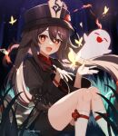  1girl :d brown_hair bug butterfly chinese_clothes closed_eyes genshin_impact ghost hat highres hu_tao_(genshin_impact) long_sleeves looking_at_viewer night open_mouth red_eyes short_shorts shorts sitting smile socks solo top_hat unapoppo 