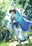  2boys ahoge bishounen cape day full_body highres long_sleeves looking_at_another magic mebaru multiple_boys official_art original outdoors short_hair sitting sparkle standing traditional_dress tree 