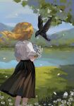  1girl bird black_skirt blonde_hair day fischl_(genshin_impact) floating_hair flower from_behind genshin_impact grass highres holding holding_flower lake long_hair medium_skirt mountainous_horizon nature oz_(genshin_impact) petals pla4neta puffy_short_sleeves puffy_sleeves shirt short_sleeves skirt solo standing two_side_up white_flower white_shirt 