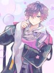  1boy androgynous bangs black_nails chest_belt cowboy_shot grey_hoodie hair_between_eyes hand_up heterochromia hood hoodie long_sleeves looking_to_the_side male_focus mole mole_on_neck nail_polish nijisanji nijisanji_en purple_belt purple_eyes purple_hair purple_theme qian_dan short_hair solo uki_violeta virtual_youtuber yellow_eyes 