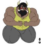  2020 abs absurd_res anthro athletic athletic_anthro athletic_male biceps black_hair bovid bovine brown_body brown_fur clothing digital_drawing_(artwork) digital_media_(artwork) european_mythology flexing flexing_bicep fur greek_mythology grey_background hair hi_res horn looking_at_viewer male mammal maxi_the_minotaur minotaur muscular muscular_anthro muscular_male muscular_thighs mythology nose_steam shirt simple_background simple_eyes smile solo superix tank_top teeth tight_clothing topwear watermark 