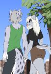  2022 5_fingers anthro breasts clothed clothing day detailed_background digital_media_(artwork) duo felid feline female fingers fur grey_body grey_fur hand_holding hi_res leopard male mammal outside pantherine sinalanf sky smile standing 