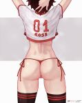  1girl arm_behind_head arms_up ass ass_focus bikini bikini_bottom_only black_thighhighs bluefield cameltoe clothes_writing crop_top facing_away from_behind head_out_of_frame highres jersey patreon_logo patreon_username print_shirt pussy pussy_peek red_hair ruby_rose rwby shirt short_hair side-tie_bikini sweat swimsuit thighhighs thighs thong twitter_username w web_address 