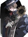  1boy brown_hair coat faust_lavinia flower glasses grey_eyes hat highres holding holding_flower krank long_sleeves looking_down mahoutsukai_no_yakusoku male_focus parted_lips short_hair solo sunflower teeth wavy_hair 