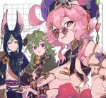  1boy 2girls ahoge animal_ear_fluff animal_ears bangs black_hair collei_(genshin_impact) crop_top detached_sleeves dori_(genshin_impact) ear_piercing earrings eating flower food genshin_impact gn4othi61 green_hair hair_ornament hat holding holding_food jewelry long_hair multicolored_hair multiple_girls orange_eyes piercing pink_hair purple_eyes purple_headwear short_hair_with_long_locks simple_background skewer streaked_hair sunglasses tassel tighnari_(genshin_impact) twitter_username upper_body yellow_flower 