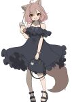  1girl :d absurdres ahoge animal_ear_fluff animal_ears bag bangs bare_shoulders black_dress black_footwear brown_hair commentary_request cup disposable_cup dress drinking_straw ear_piercing fang frilled_dress frills hair_between_eyes handbag highres hinata_(user_rjkt4745) holding holding_bag holding_cup looking_at_viewer off-shoulder_dress off_shoulder orange_eyes original piercing sandals simple_background smile solo standing tail white_background 