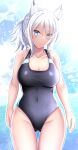  1girl absurdres animal_ear_fluff animal_ears ass_visible_through_thighs black_swimsuit blue_archive blue_eyes blue_sky breasts collarbone competition_swimsuit covered_navel cowboy_shot day extra_ears highres kanna_(minamozuki) large_breasts ocean one-piece_swimsuit ponytail shiroko_(blue_archive) shiroko_(swimsuit)_(blue_archive) sky solo standing swimsuit two-tone_swimsuit white_hair 
