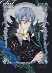  1boy absurdres bishounen black_feathers blue_eyes blue_flower blue_hair blue_rose dorandoran feathers flower formal gem hair_between_eyes highres holding holding_flower idolish_7 lily_(flower) looking_at_viewer male_focus mirror rose solo suit upper_body vest white_flower yotsuba_tamaki 