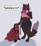 anthro bdsm blue_background blue_eyes bottomwear brown_body brown_fur canid canine canis clothing collar crop_top dialogue domestic_dog dominant dominant_anthro dominant_female duo electronics english_text female fur handwear holding_object holding_phone hybrid insufferableguest kneeling lagomorph leash leashed_collar leporid male male/female mammal mastectomy_scar mittens nipples nude_anthro nude_male on_phone petplay phone puppyplay purple_body purple_fur rabbit red_body roleplay scar shirt simple_background sitting skirt slightly_chubby slightly_chubby_anthro slightly_chubby_male speech_bubble standing submissive submissive_anthro submissive_male text topwear trans_(lore) trans_man_(lore) wine_(insufferableguest) wolf
